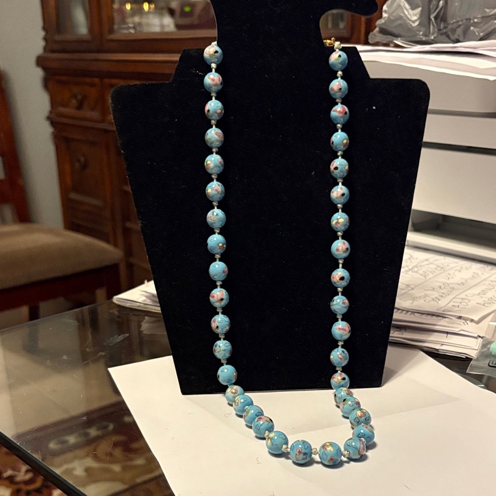 Elegant Blue Beaded  Cloisonné Necklace 29 inches